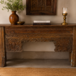 Hand Carved Wooden Console Table in Rustic Solid Wood with Traditional Floral Carvings for Entryway and Living Room
