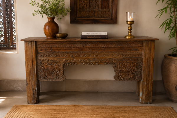 Hand Carved Wooden Console Table in Rustic Solid Wood with Traditional Floral Carvings for Entryway and Living Room