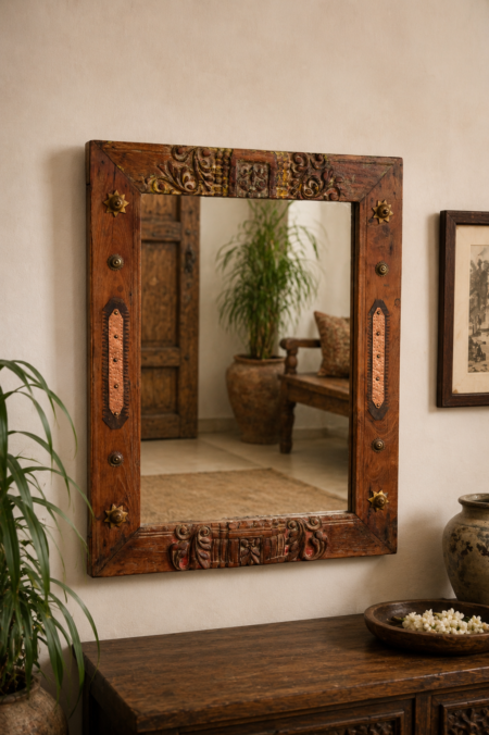 Hand Carved Wooden Wall Mirror with Rustic Decorative Solid Wood Frame for Entryway and Bedroom1