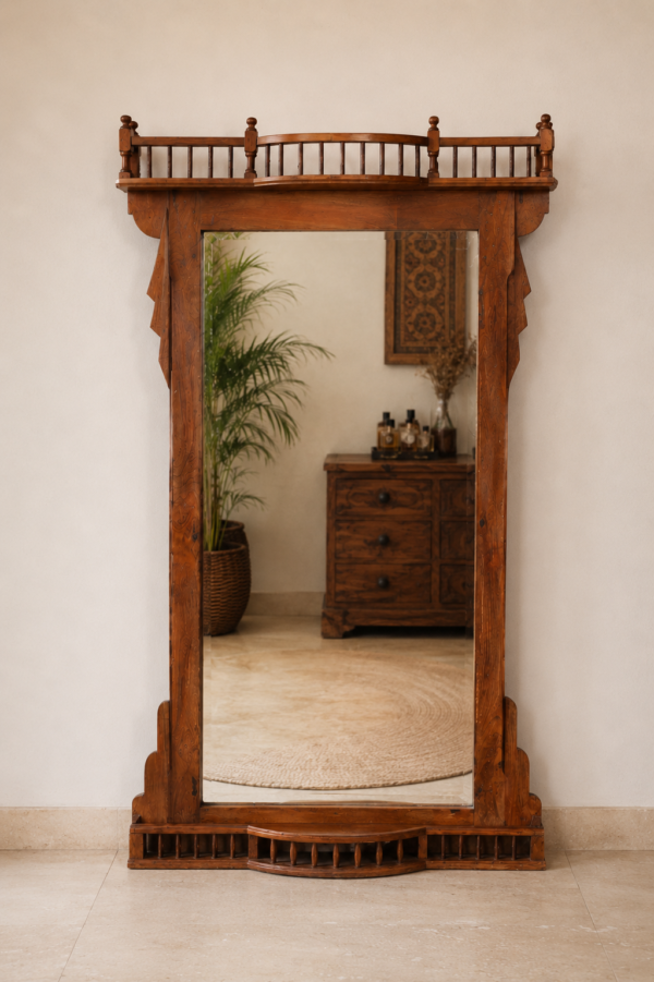 Antique Wooden Full Length Mirror handcrafted from reclaimed solid wood with rustic vintage carved frame for bedroom and hallway décor.2