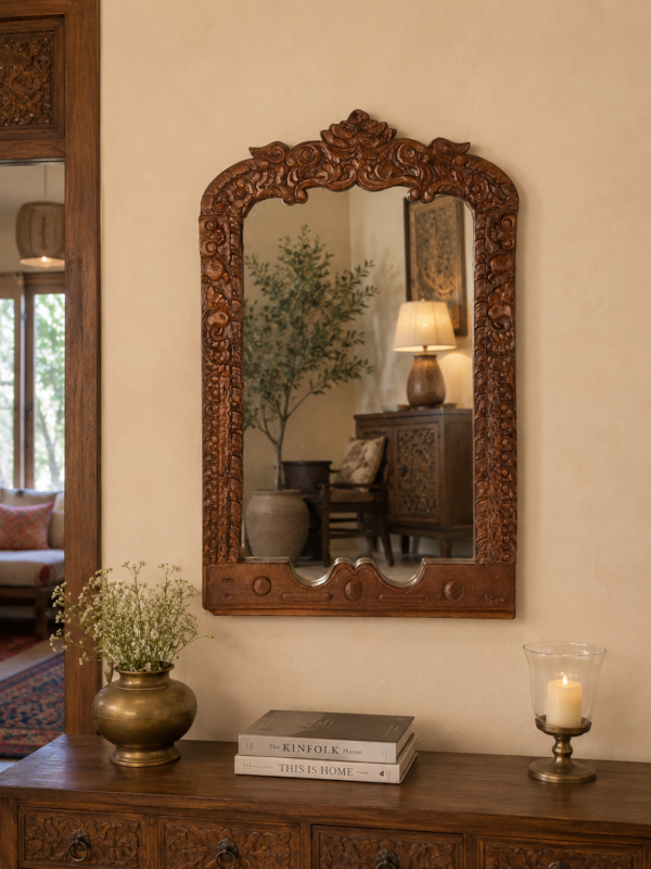Handcrafted Carved Wooden Wall Mirror – Vintage Indian Rustic Decor3