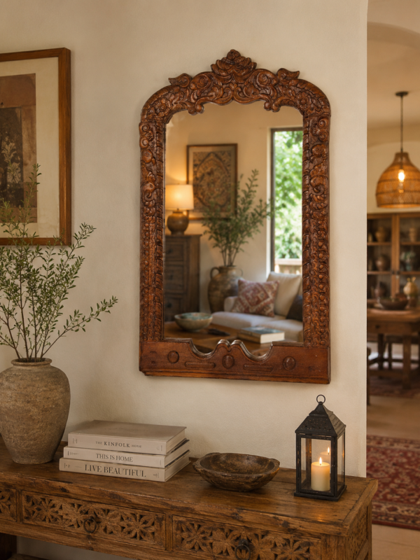 Handcrafted Carved Wooden Wall Mirror – Vintage Indian Rustic Decor2