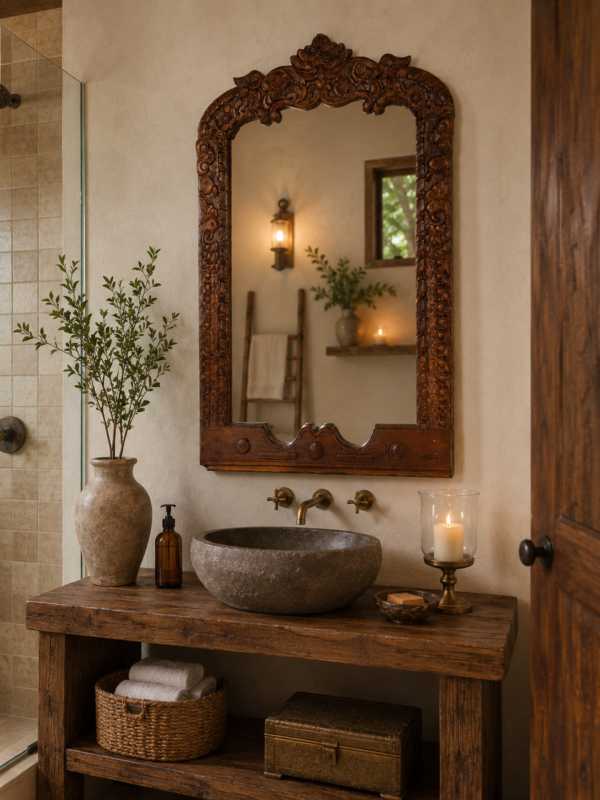 Handcrafted Carved Wooden Wall Mirror – Vintage Indian Rustic Decor