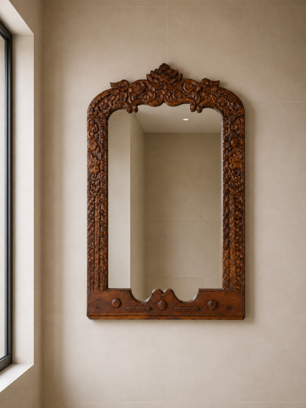 Handcrafted Carved Wooden Wall Mirror – Vintage Indian Rustic Decor1