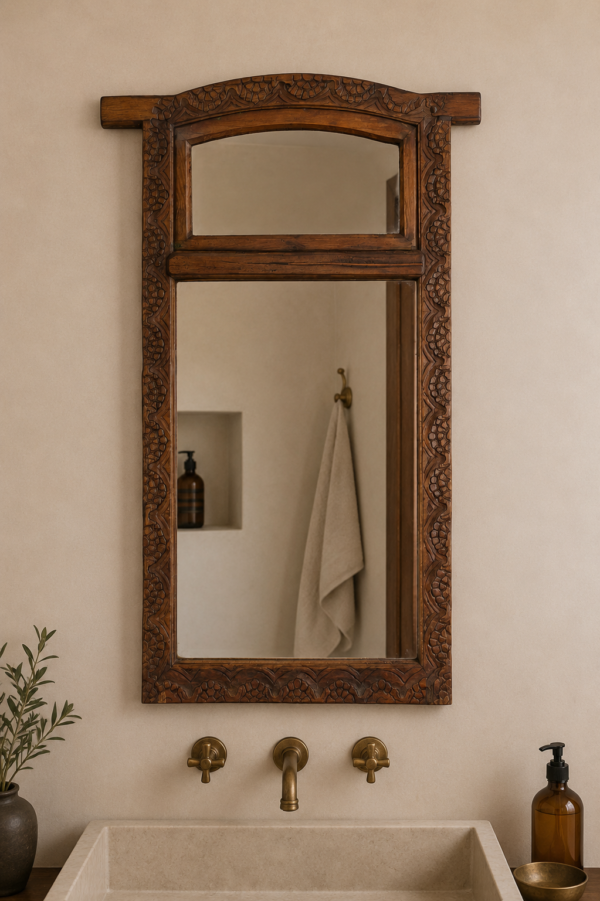 Handcrafted Wooden Wall Mirror with Shelf 46 Inch | Rustic Carved Decorative Wall Mirror3