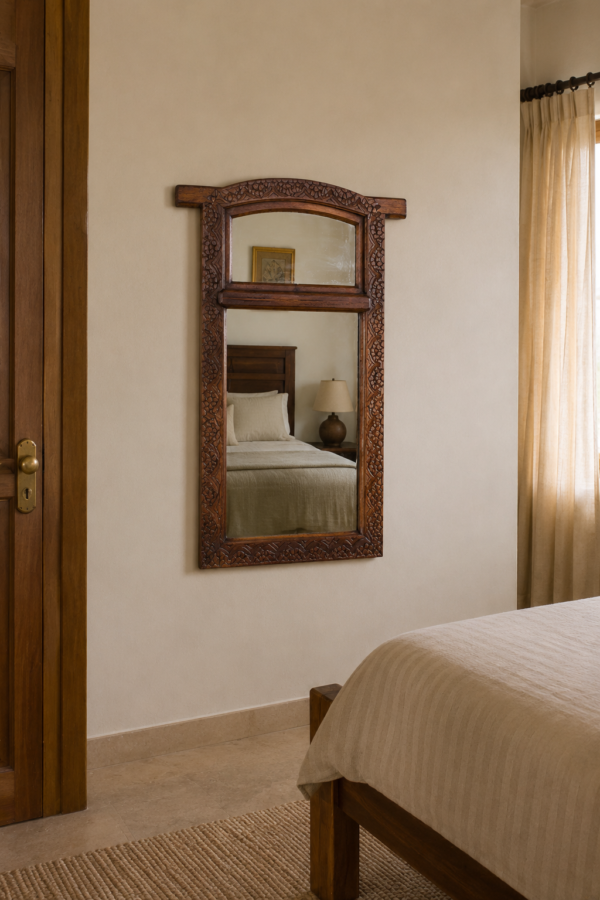 Handcrafted Wooden Wall Mirror with Shelf 46 Inch | Rustic Carved Decorative Wall Mirror1