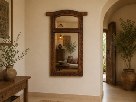 Handcrafted Wooden Wall Mirror with Shelf 46 Inch | Rustic Carved Decorative Wall Mirror