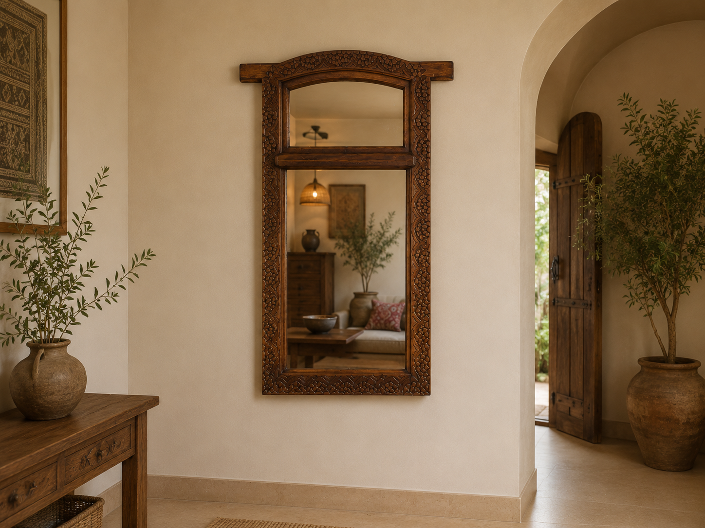 Handcrafted Wooden Wall Mirror with Shelf 46 Inch | Rustic Carved Decorative Wall Mirror