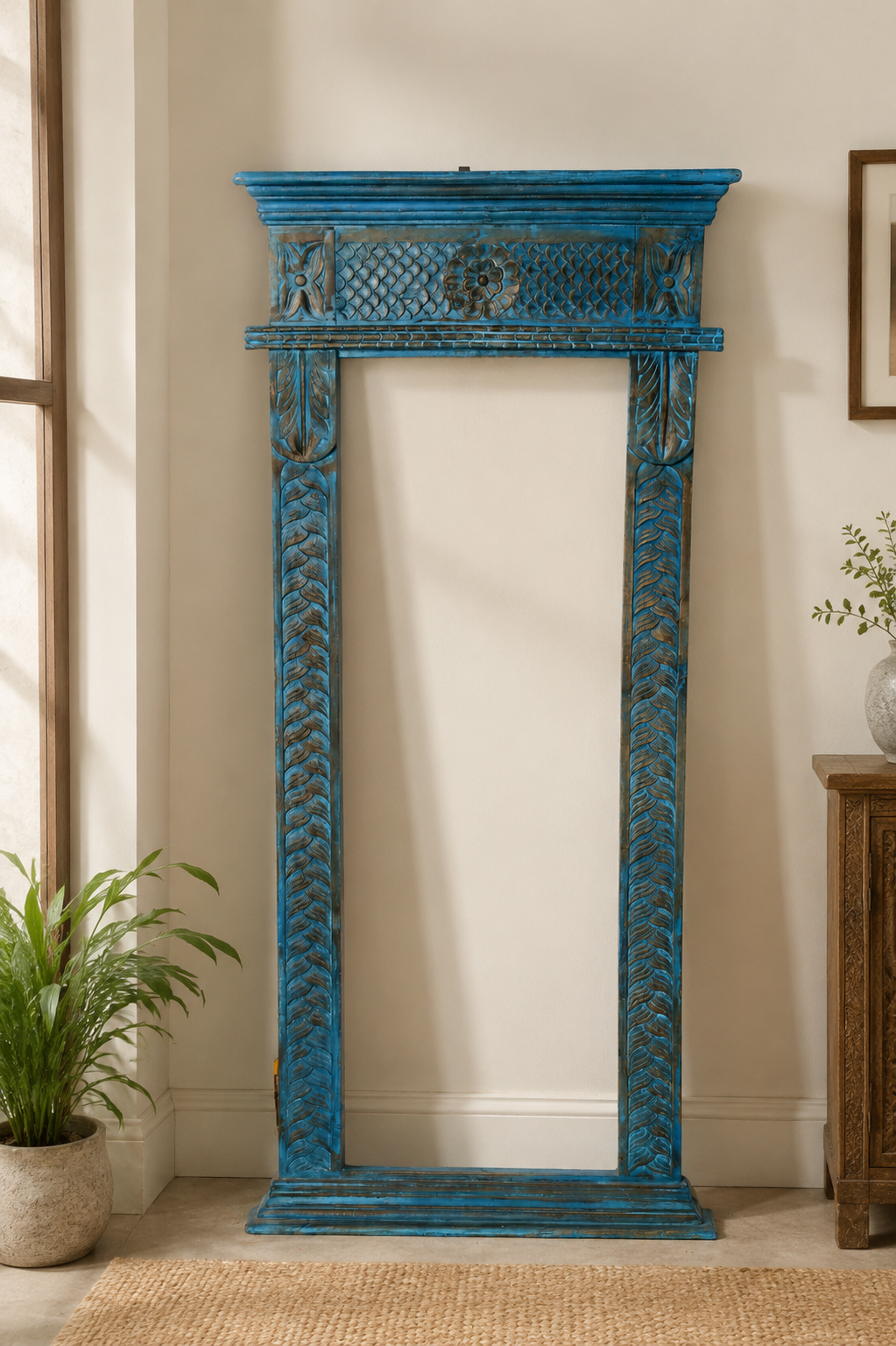 Blue Wooden Wall Mirror Frame Handcrafted from Reclaimed Solid Wood