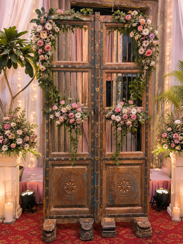 Antique Wooden Room Divider with Hand Carved Rustic Indian Panels3