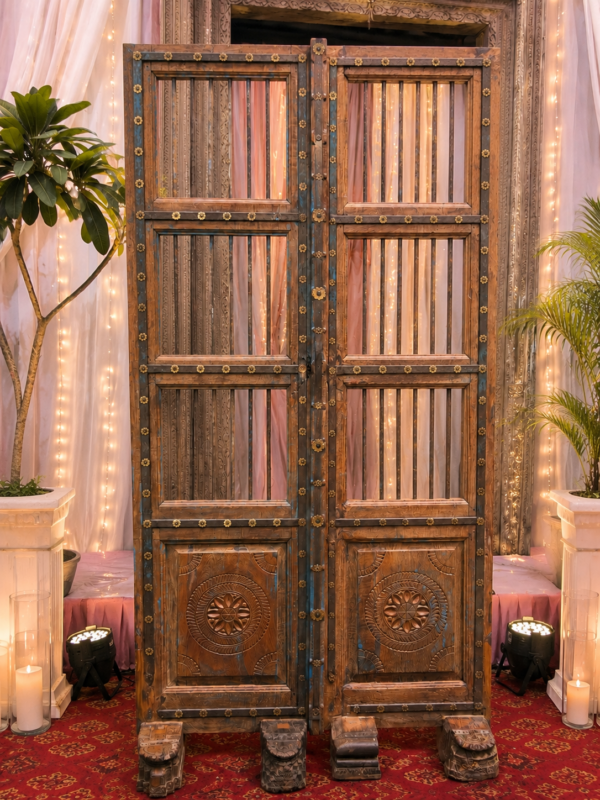 Antique Wooden Room Divider with Hand Carved Rustic Indian Panels2