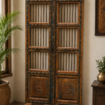 Antique Wooden Room Divider with Hand Carved Rustic Indian Panels1