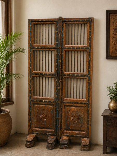 Antique Wooden Room Divider with Hand Carved Rustic Indian Panels1