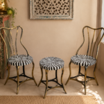Vintage Iron Bistro Chair & Table Set – Antique Brass with Zebra Pattern Top (3-Piece)