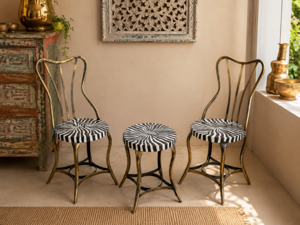 Vintage Iron Bistro Chair & Table Set – Antique Brass with Zebra Pattern Top (3-Piece)