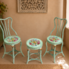 Vintage Iron Bistro Chair & Table Set – Light Turquoise Hand-Painted Floral Garden Furniture (3-Piece)