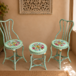 Vintage Iron Bistro Chair & Table Set – Light Turquoise Hand-Painted Floral Garden Furniture (3-Piece)