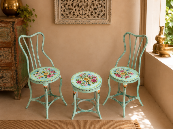 Vintage Iron Bistro Chair & Table Set – Light Turquoise Hand-Painted Floral Garden Furniture (3-Piece)