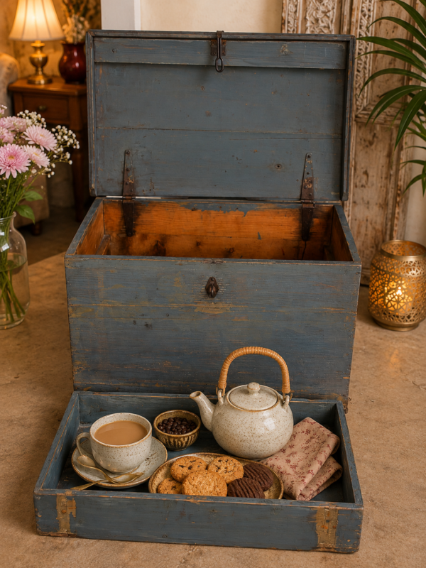 Vintage Blue Wooden Storage Trunk / Blanket Chest2