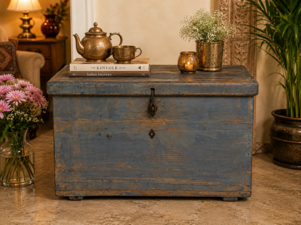 Vintage Blue Wooden Storage Trunk / Blanket Chest3