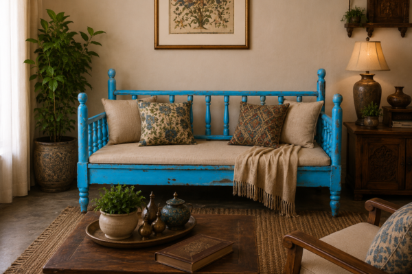 Vintage Blue Reclaimed Wood Sitting Bench