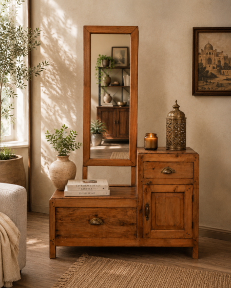 Handcrafted Solid Wood Dressing Table with Mirror, Drawer and Storage Cabinet for Bedroom