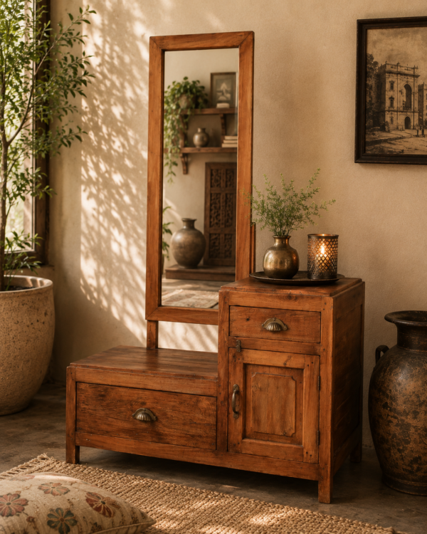 Handcrafted Solid Wood Dressing Table with Mirror, Drawer and Storage Cabinet for Bedroom1