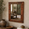 Hand Carved Wooden Wall Mirror with Rustic Decorative Solid Wood Frame for Entryway and Bedroom