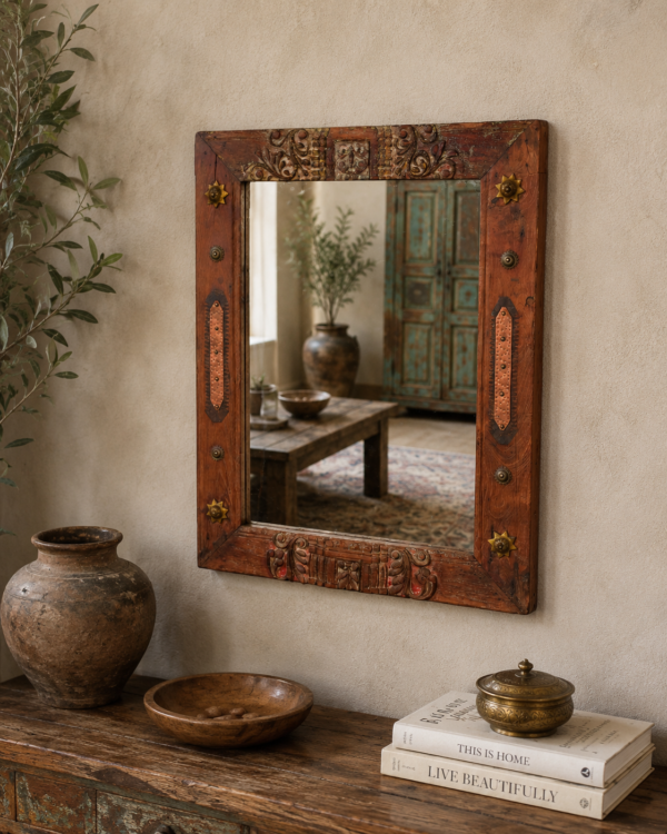 Hand Carved Wooden Wall Mirror with Rustic Decorative Solid Wood Frame for Entryway and Bedroom