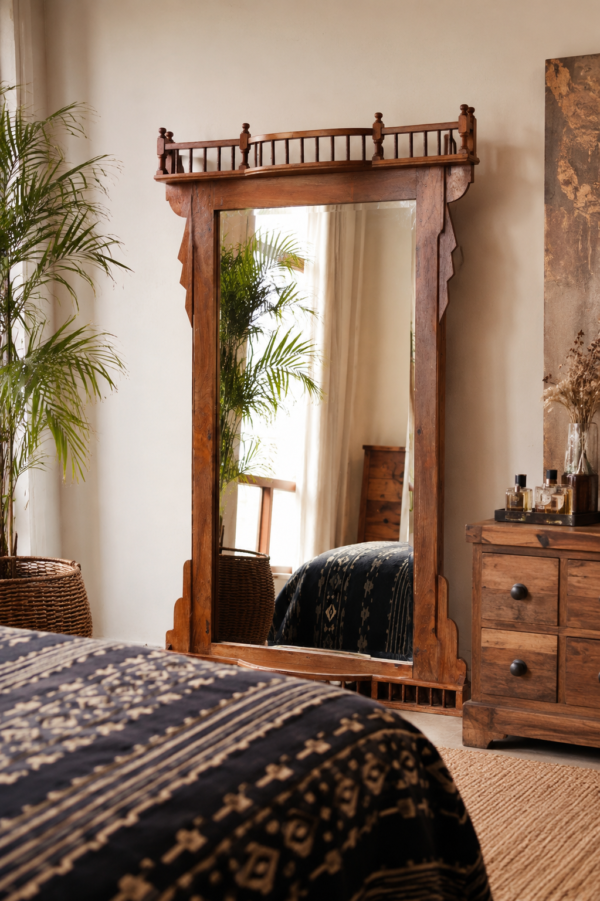 Antique Wooden Full Length Mirror handcrafted from reclaimed solid wood with rustic vintage carved frame for bedroom and hallway décor.1