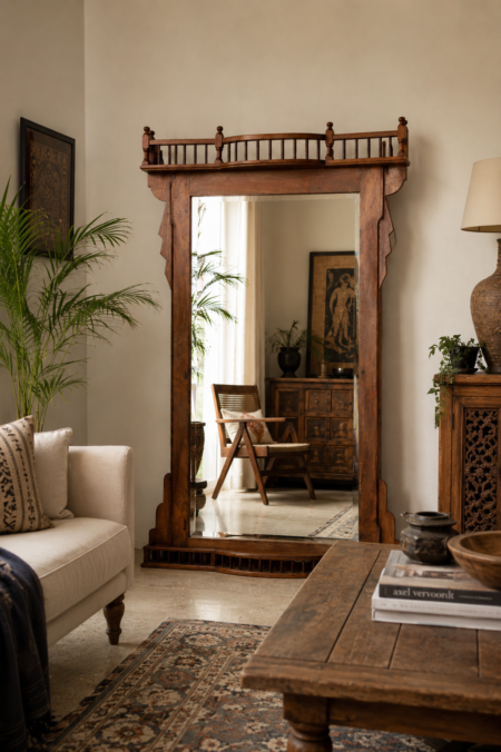Antique Wooden Full Length Mirror handcrafted from reclaimed solid wood with rustic vintage carved frame for bedroom and hallway décor.