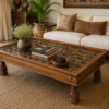 Handcrafted Wooden Glass Top Coffee Table – 61 x 31 x 18 Inches-collectible vintage0055