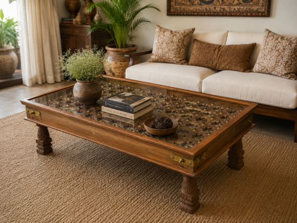 Handcrafted Wooden Glass Top Coffee Table – 61 x 31 x 18 Inches-collectible vintage0055
