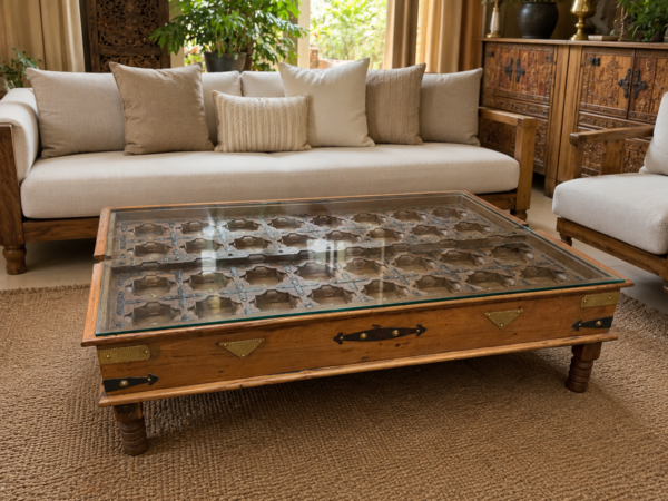 Handcrafted Vintage Wooden Coffee Table with Carved Glass Top2Handcrafted Vintage Wooden Coffee Table with Carved Glass Top3 - collectible vintage