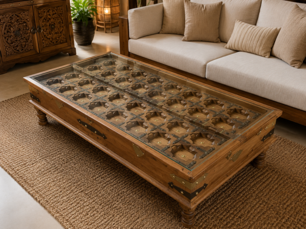 Handcrafted Vintage Wooden Coffee Table with Carved Glass Top1 Handcrafted Vintage Wooden Coffee Table with Carved Glass Top3 - collectible vintage