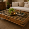 Handcrafted Vintage Wooden Coffee Table with Carved Glass TopHandcrafted Vintage Wooden Coffee Table with Carved Glass Top3 - collectible vintage