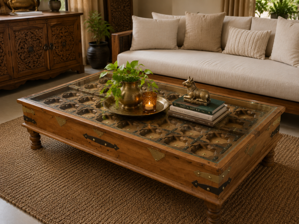 Handcrafted Vintage Wooden Coffee Table with Carved Glass TopHandcrafted Vintage Wooden Coffee Table with Carved Glass Top3 - collectible vintage