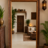 Hand carved wooden floor mirror with traditional vintage finish leaning against a living room wall (80 x 43 inches)-collectible vintage1