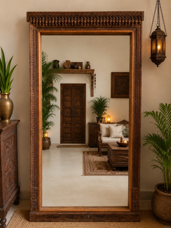 Hand carved wooden floor mirror with traditional vintage finish leaning against a living room wall (80 x 43 inches)-collectible vintage1