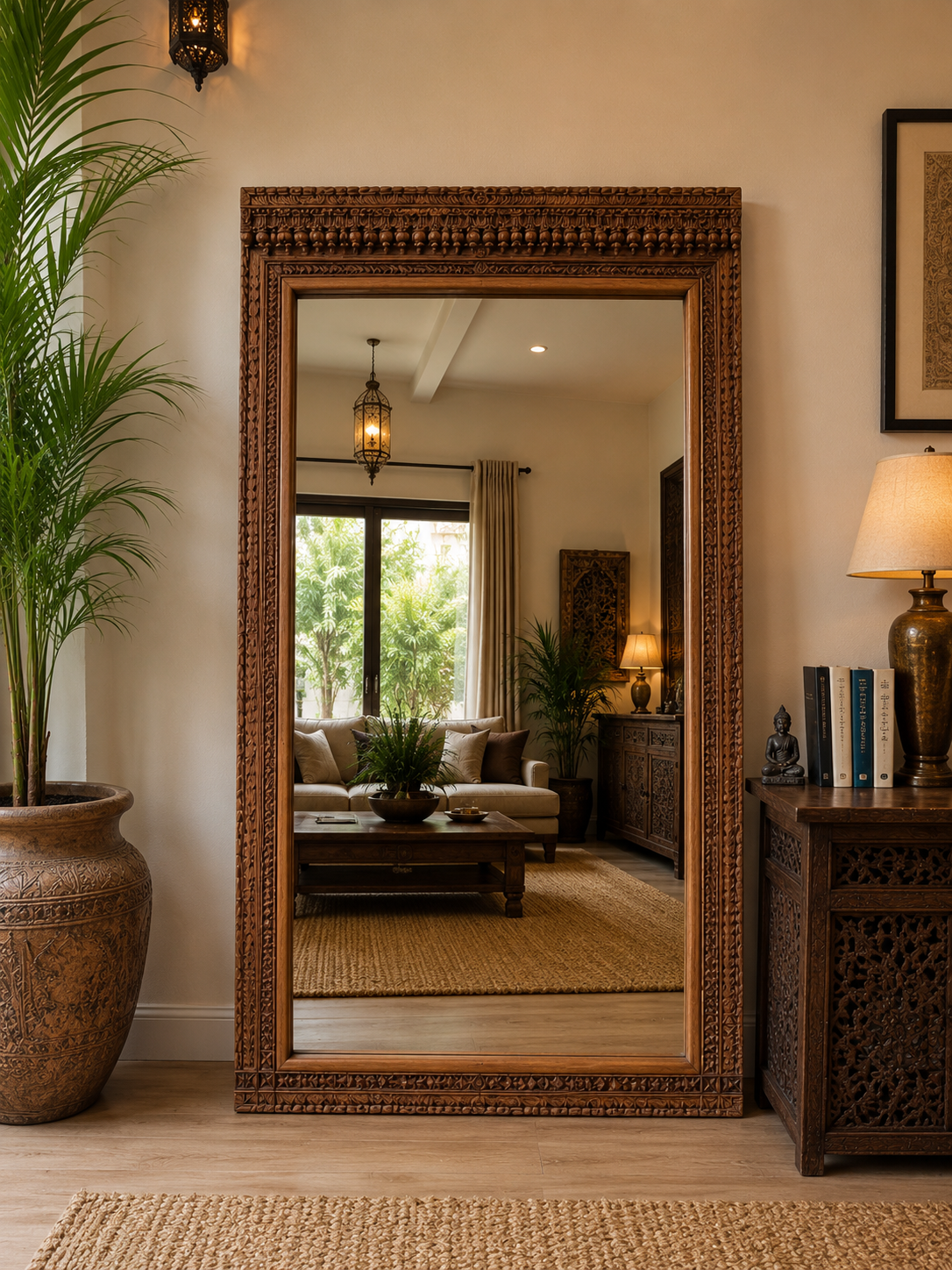 Hand carved wooden floor mirror with traditional vintage finish leaning against a living room wall (80 x 43 inches)-collectible vintage