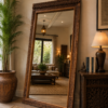 Hand carved wooden floor mirror with traditional vintage finish leaning against a living room wall (80 x 43 inches)-collectible vintage2