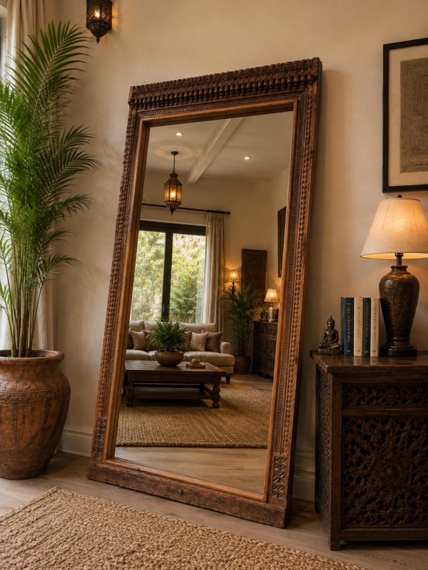 Hand carved wooden floor mirror with traditional vintage finish leaning against a living room wall (80 x 43 inches)-collectible vintage2