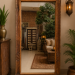 Reclaimed wood floor mirror with vintage carved trim standing against a wall in a living room interior (76 x 43 inches)-collectible vintage2