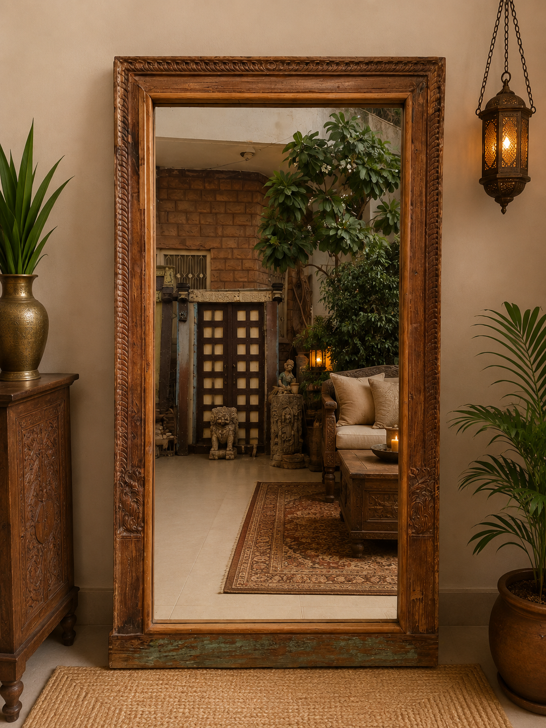 Reclaimed wood floor mirror with vintage carved trim standing against a wall in a living room interior (76 x 43 inches)-collectible vintage2