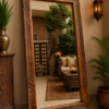 Reclaimed wood floor mirror with vintage carved trim standing against a wall in a living room interior (76 x 43 inches)-collectible vintage1