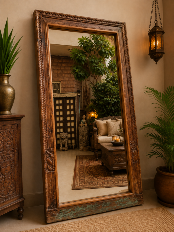 Reclaimed wood floor mirror with vintage carved trim standing against a wall in a living room interior (76 x 43 inches)-collectible vintage1