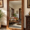 Vintage carved wood floor mirror with floral leaf borders leaning in a living room interior (74 x 43 inches)-collectible vintage3