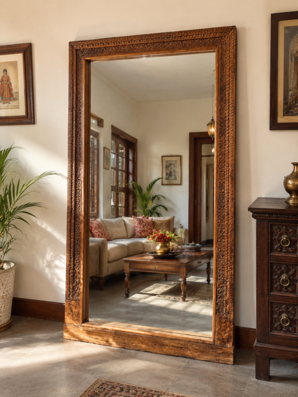 Vintage carved wood floor mirror with floral leaf borders leaning in a living room interior (74 x 43 inches)-collectible vintage3