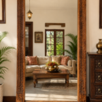 Vintage carved wood floor mirror with floral leaf borders leaning in a living room interior (74 x 43 inches)-collectible vintage2