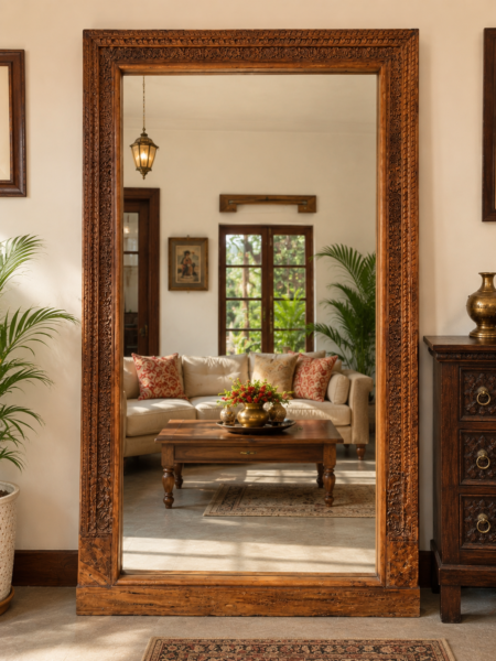 Vintage carved wood floor mirror with floral leaf borders leaning in a living room interior (74 x 43 inches)-collectible vintage2